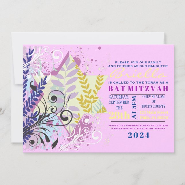 Convite ABSTRATO FLORAL STAR Bat Mitzvah (Frente)