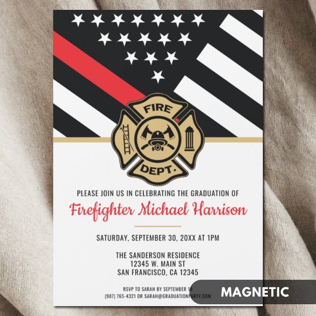 Convite Academia de Bombeiros Bandeira Linha Vermelha Form (Firefighter Fire Academy Red Line Flag Graduation Magnetic Invitation)
