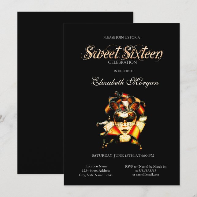 Convite Adorável Veneziano Máscara Preto Sweet 16 (Frente/Verso)