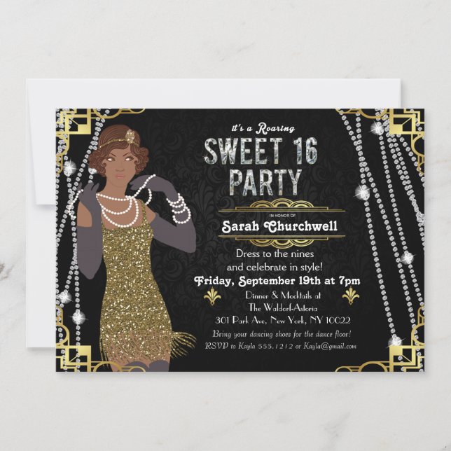 Convite African American Flapper Sweet 16 (Frente)