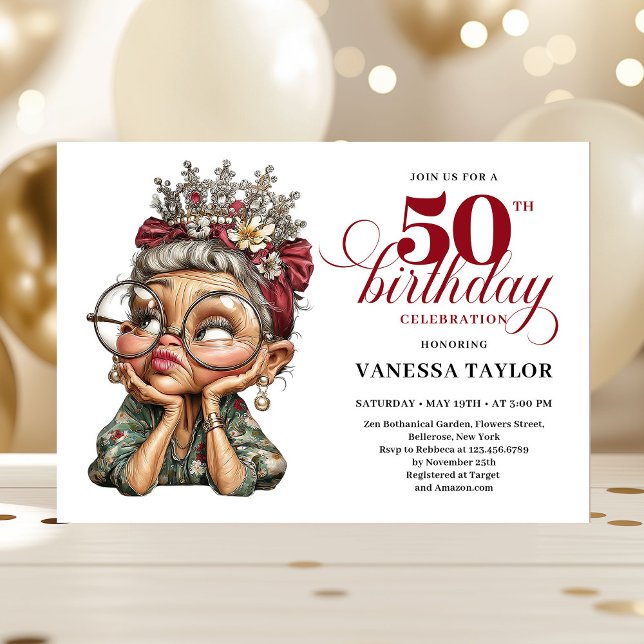 Convite alegre para festa de 50 anos engraçado e e (Cheerful 50th bash invite quirky funny birthday lady)