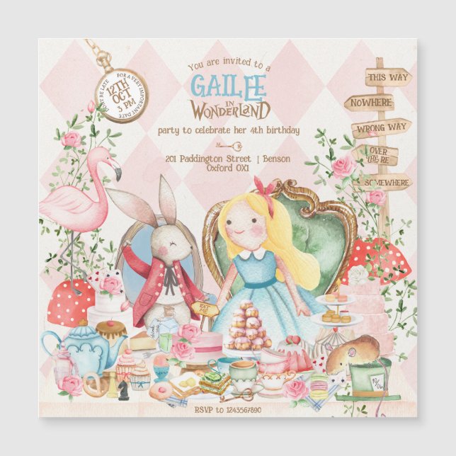 Convite Alice Adventures em Woderland Birthday Tea Party (Frente)