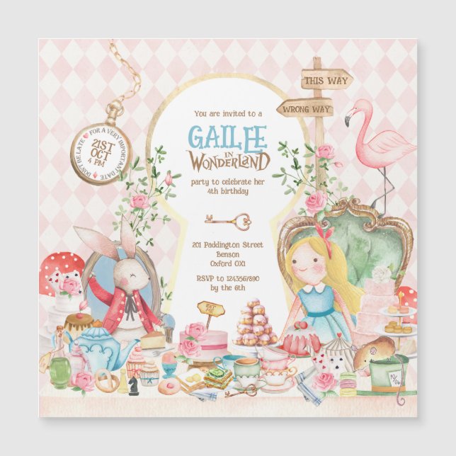 Convite Alice Adventures em Woderland Birthday Tea Party (Frente)