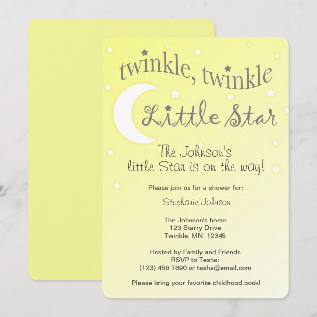 Convite amarelo brilhante Twinkle (Frente/Verso)