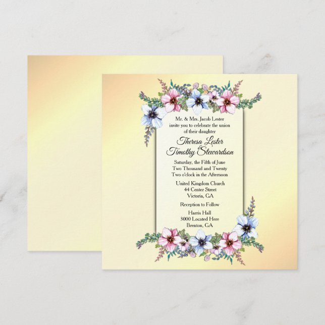 Convite Amarelo de Casamento Floral (Frente/Verso)