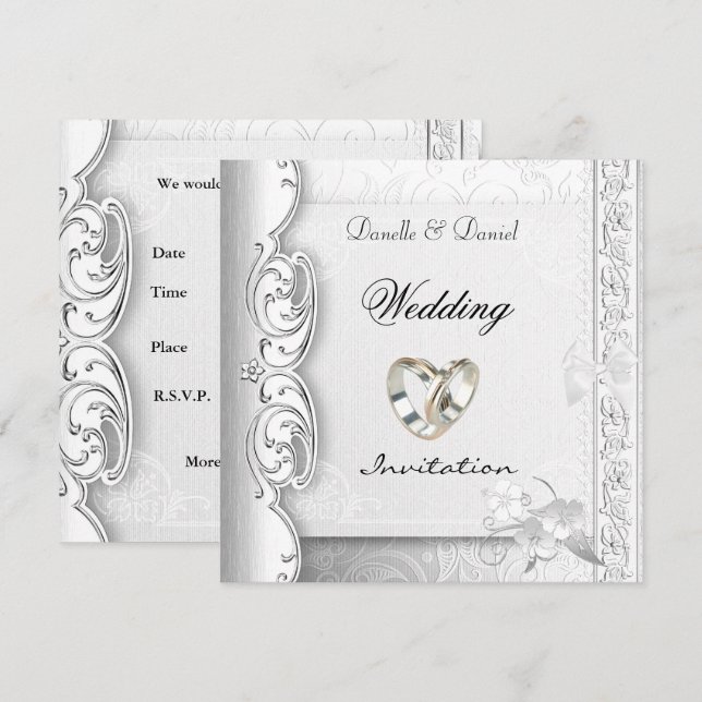 Convite Anéis de Noiva Elegantes de Renda Branca (Frente/Verso)