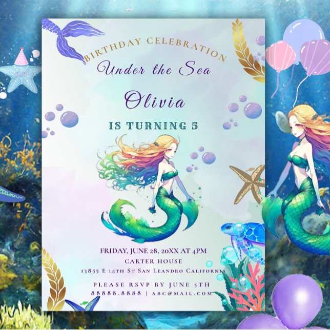 Convite Aniversário da Sereia Roxa e Dourada sob o Mar (Criador carregado)
