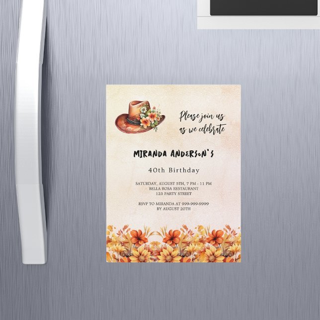 Convite Aniversário das flores laranja boho cowgirl chapéu (Criador carregado)
