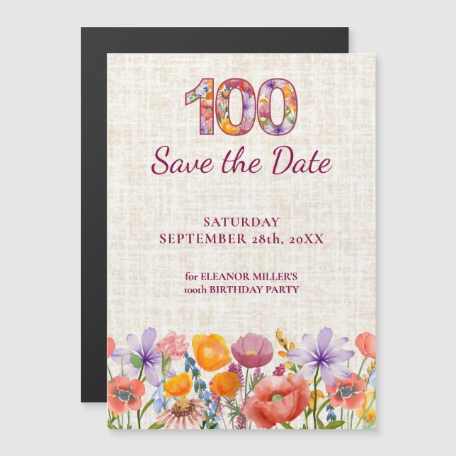 Convite Aniversário de 100 anos da Wildflower Salve a Data (Frente/Verso)