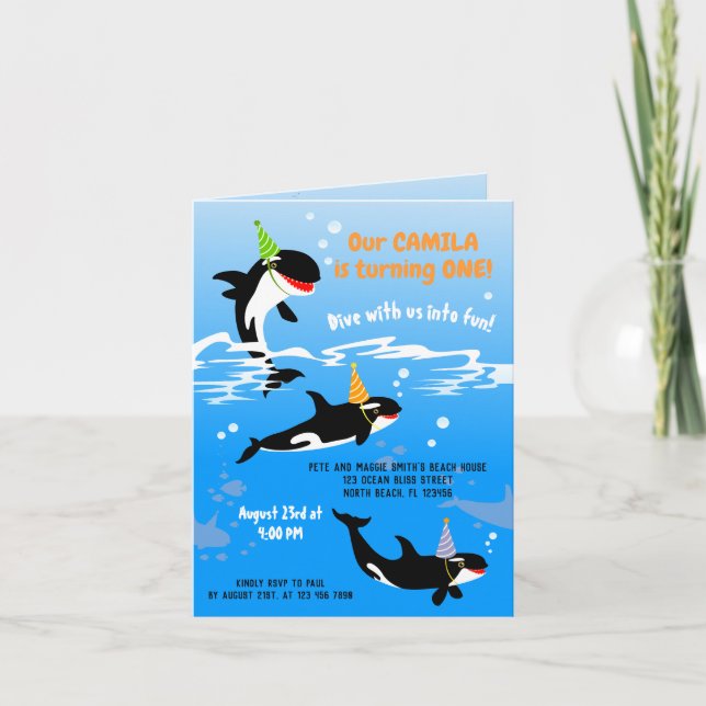 Convite aniversário de 1 ano sob o mar orca baleia menina (Frente)