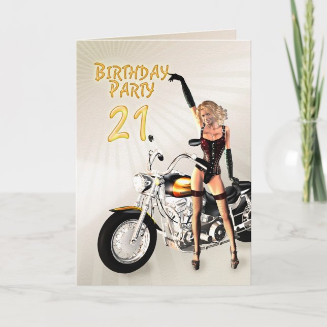 Convite aniversário de 21 anos com uma moça e uma moto (Frente)