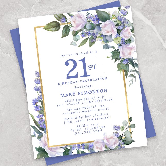 Convite aniversário de 21 anos Floral Branco Azul  (Criador carregado)