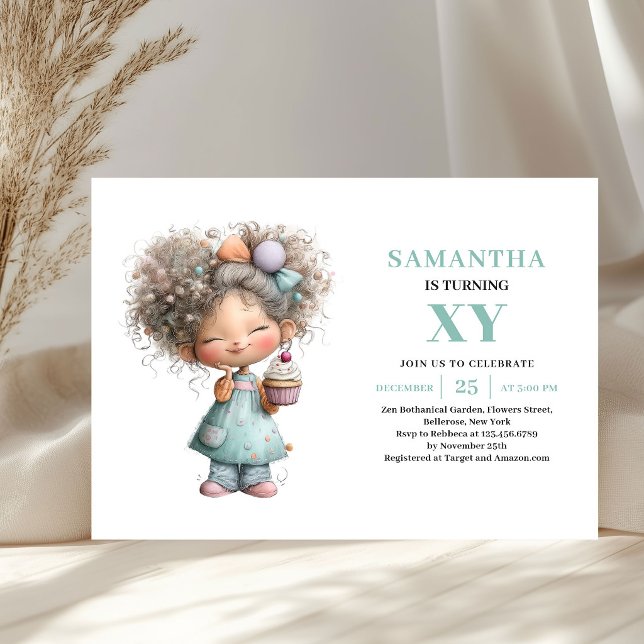 Convite Aniversário de 2 anos da Menina Fofa Capri (Cute Girl 2nd Birthday Whimsy Purple Green invitation)
