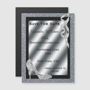 Convite Aniversário de 40 anos de Silver Glittery Stiletto