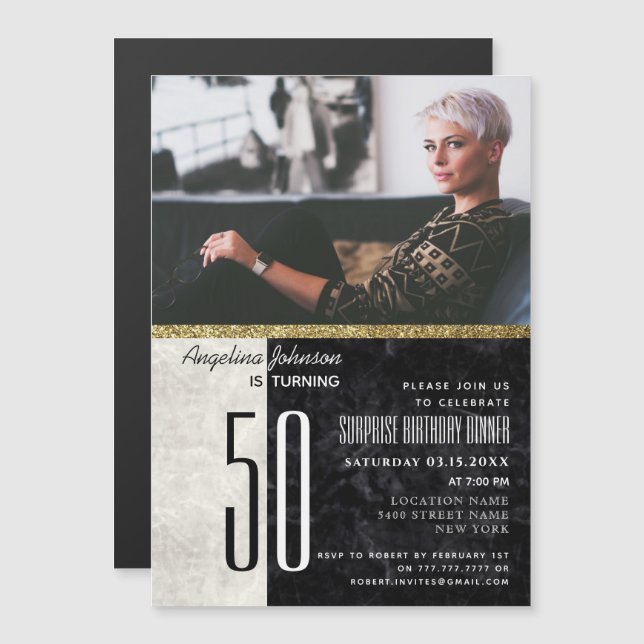 Convite Aniversário de 50 anos, Foto Preto e Branco Mármor (Frente/Verso)