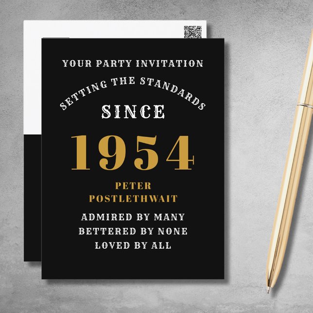 Convite Aniversário de 70 anos 1954 Ouro Preto (Elegant Black and Gold 70th Birthday Invitation - Create Your Own Personalized Design.)