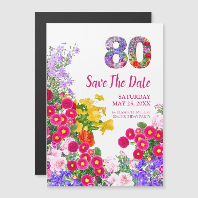 Convite aniversário de 80 anos floral moderno Save The Dat (Frente/Verso)