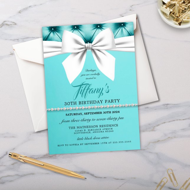 Convite Aniversário de Aqua Elegant Chic Tiffany (elegant aqua blue girly chic birthday party invitation for bougie fancy 30th, sweet 16 or any event)