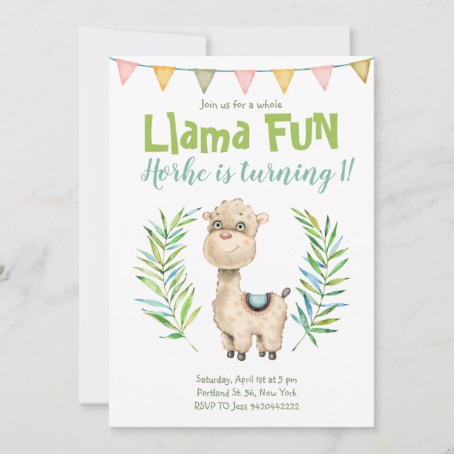 Convite Aniversário de Llama Fun Alpaca Watercolor (Frente)