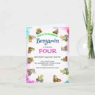 Convite Aniversário do Rainbow B2S School, trator de dinos