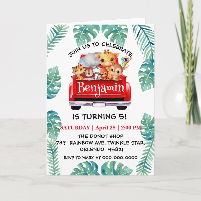 Convite Aniversário do trator da fazenda da selva do Zoo (Frente)