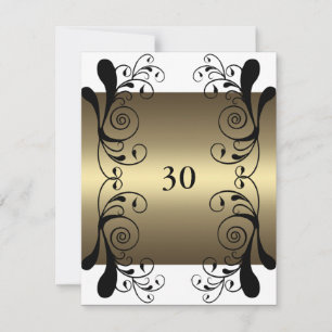 Convite Aniversário Dourado Branco & Preto Floral 