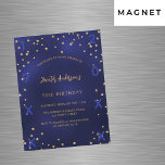 Convite Aniversário marinho de ouro azul estrelas de nasci<br><div class="desc">Um convite de aniversário magnético para ele e para ela. Um fundo azul marinho decorado com estrelas douradas falsas. A cor azul é irregular. Personalize e adicione um nome e detalhes da parte. Adicionar ano de nascimento e ano de celebração</div>