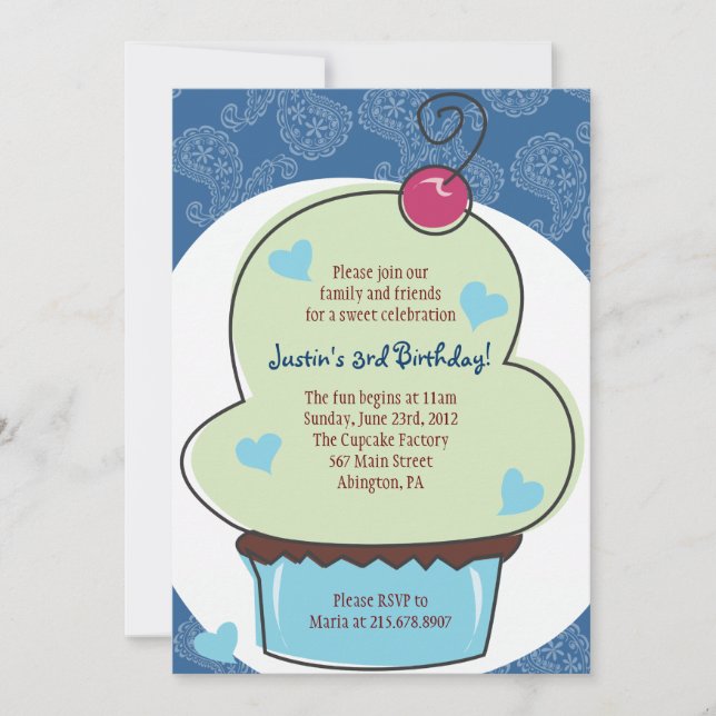 Convite Aniversário para Cupcake Azul Adorável (Frente)