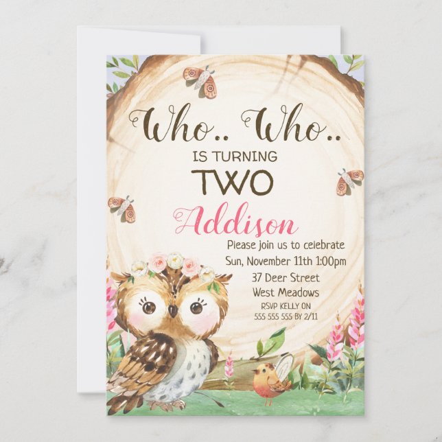 Convite Aniversário para Raparigas de Coruja de Ma (Frente)