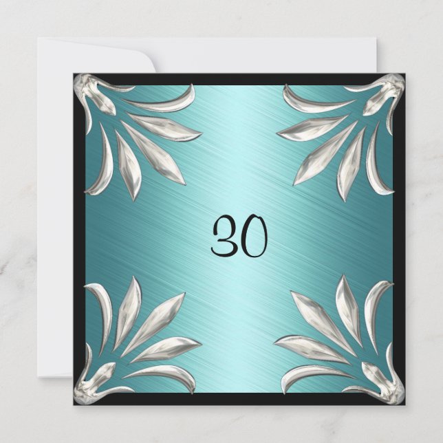 Convite Aniversário Preto Azul Turquesa com Floral (Frente)