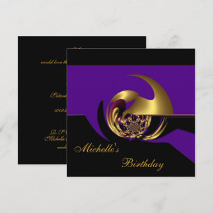 Convite Aniversário Preto e Roxo Dourado Abstrato