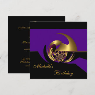 Convite Aniversário Preto e Roxo Dourado Abstrato
