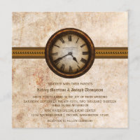 Convite Antiquado para Casamento de Relógio, Brown