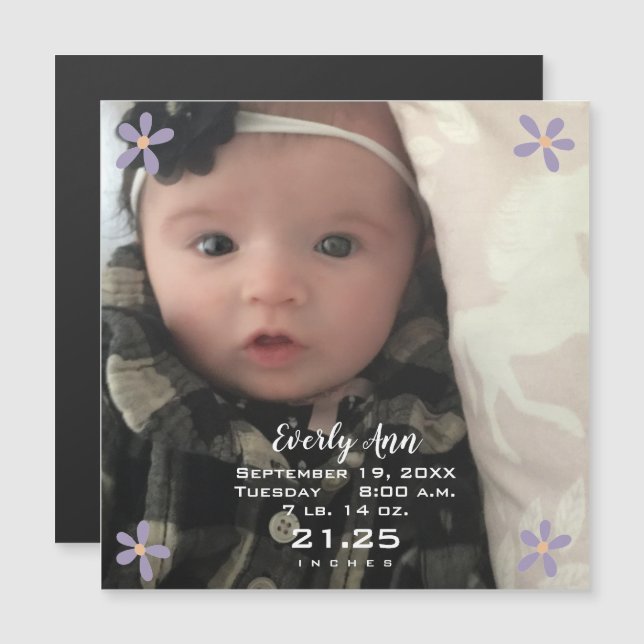 Convite Anunciante de Nascimento Magnético de Daisy Roxo (Frente/Verso)