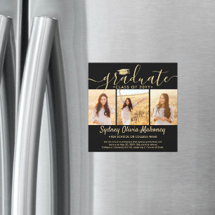 Convite Anúncio de Foto de Formatura em Preto Dourado Magn