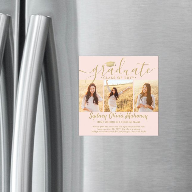 Convite Anúncio de Foto de Graduação Dourada de Blush Magn (Criador carregado)