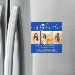 Convite Anúncio de Foto de Graduação Dourada e Azul Magnét