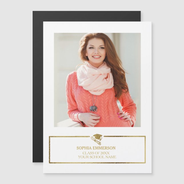 Convite Anúncio de fotos de Boné de formatura branco e Dou (Frente/Verso)