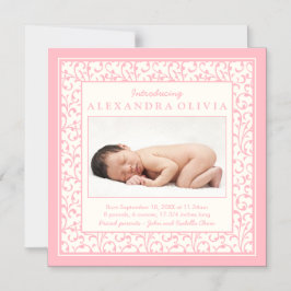 Convite Anúncio de Nascimento Floral de Damask Foto Baby G