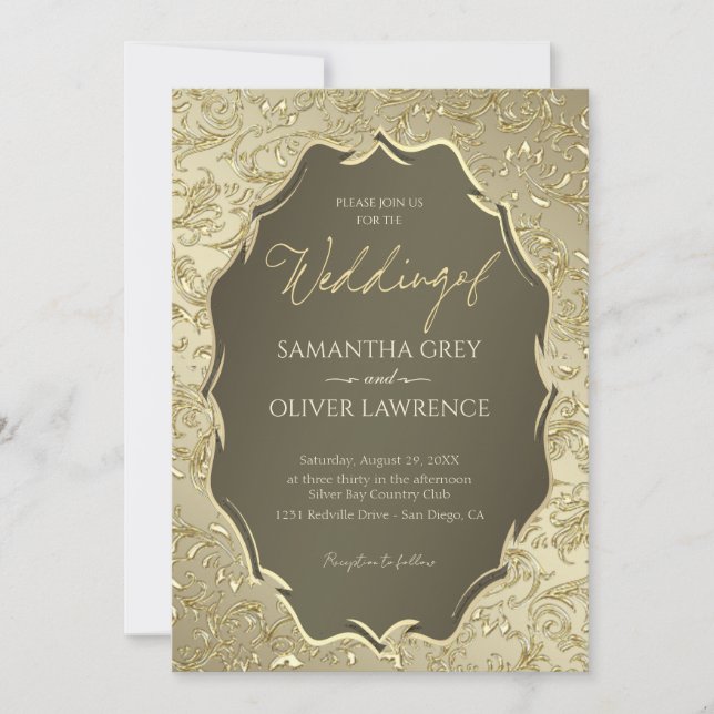 Convite ao Casamento tema damasco Dourado Luxurios (Frente)