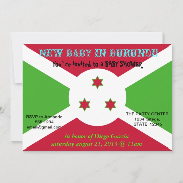 Convite ao chá de fraldas com Bandeira do Burundi (Frente)