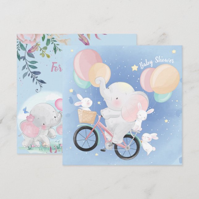 Convite Ao Chá de fraldas Elefante E Bunnies (Frente/Verso)