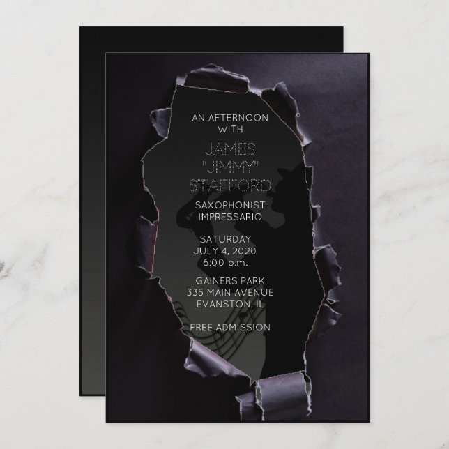 convite ao concerto de saxofonista de papel rasgad (Frente/Verso)