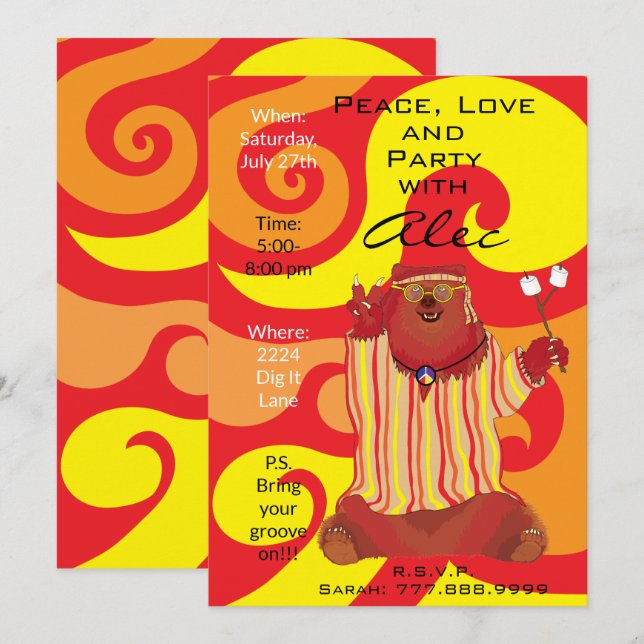 Convite ao Estilo do Groovy Peace Bear 1960 (Frente/Verso)