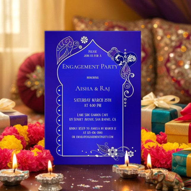 Convite ao Noivado Indigo Silver Henna Mehndi (Engagement party invitation in indigo blue / deep purple with a silver henna mehndi inspired design)