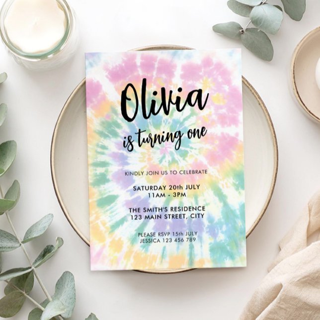 Convite ao primeiro aniversario Rainbow Tie Dye (Criador carregado)