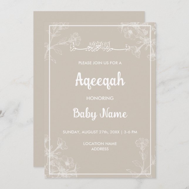 Convite Aqeqah Aqiqah Floral Moderna Instantânea (Frente/Verso)