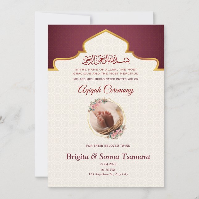 convite aqeqah para gêmeos (Frente)