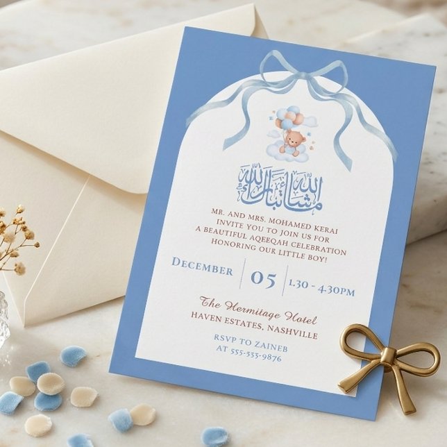 Convite Aqiqah Islâmico Azul para Bebê Menino (Criador carregado)