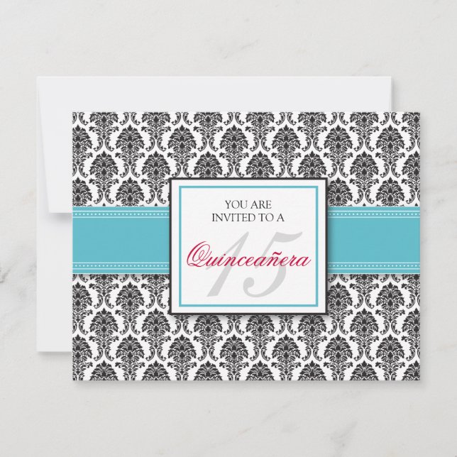 Convite Aqua Damasco para Quinceanera (Frente)